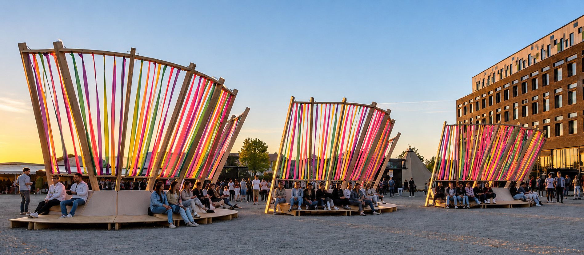 Three Festival Mode modules at sunset with people sitting along the benches
