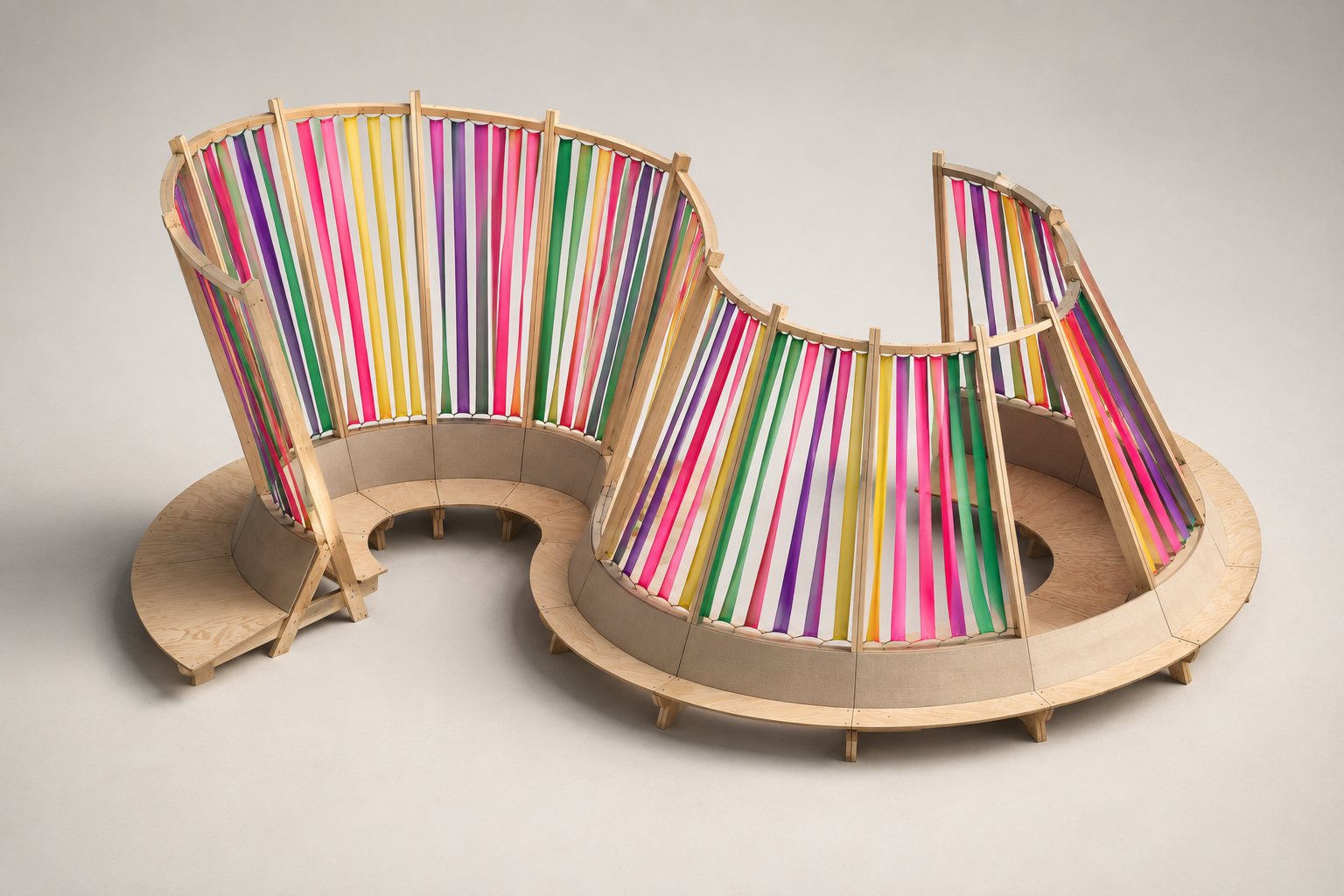 Curved Festival Mode module seen from above, with colourful ribbons between timber posts