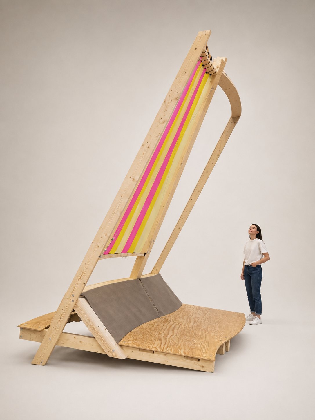 A tall Festival Mode module with a person standing next to it for scale
