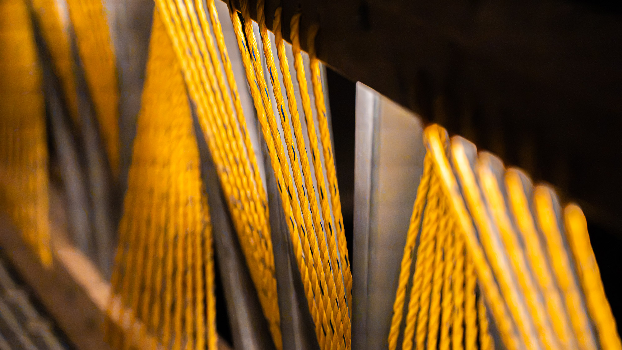 Close-up of yellow rope threaded between pale timber wedges in the Sunweave railing